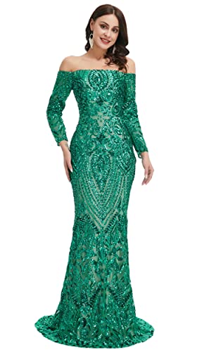 Ikerenwedding Women's Bateau Long Sleeves Sequins Mermaid Evening Dress Green US20