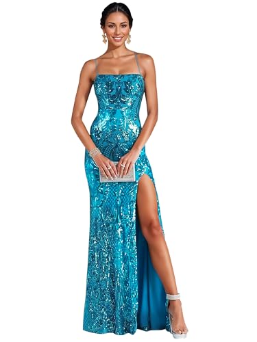 Figdaw Sequin Evening Gowns for Women Elegant Classy,Formal Rhinestone Dresses Sparkly Long Prom Dress with Slit(Blue,L,RY0215)