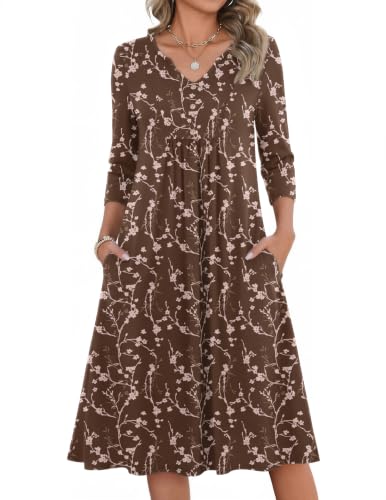 Zeagoo Fall Wedding Guest Dresses for Women Casual 3/4 Sleeve Midi Dress | Floral A Line Sundress, Flowy, V Neck, Empire Waist, Button Decor, Plus Size Church Dress with Pockets