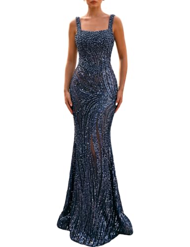 VOUIAO Women Beaded Mermaid Prom Dress Sequin Evening Gown Navy Blue M | Spaghetti Strap,Bodycon Formal Wedding Guest Dress,Sparkly Party Cocktail Maxi Dress,Elegant Lace Up Gala Red Carpet Gown