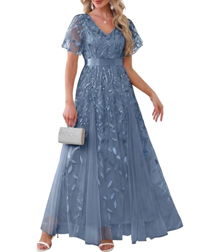 Pinup Fashion Haze Blue Mother Bride Sequin Formal Wedding Guest Long Dress