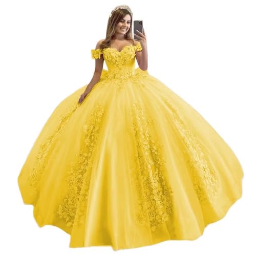 XYAYE Princess Lace Off Shoulder Sweet 16 Dresses Yellow/Darker Size 2 | Tulle Lace Vestido de 15 años, Beaded 3D Flower 15 Dresses for Quinceanera, Applique Long 16 Dress with Train