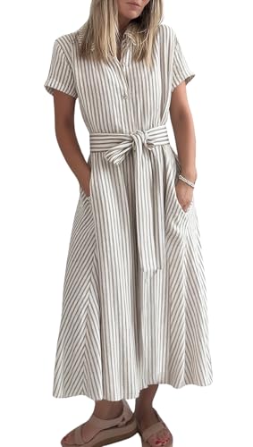 chouyatou Women's Summer Short Sleeve Striped Maxi Long Shirt Dress Boho Business Casual Cotton Dresses (X-Large, Khaki)