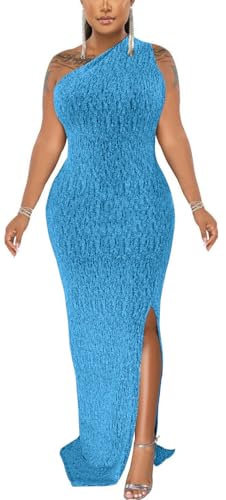 Lake Blue Evening Gowns for Women Formal Elegant Sparkly One Shoulder Sleeveless High Split Dresses Sexy Party Club Prom Long Maxi Dress,11868-1 Lake Blue_Medium