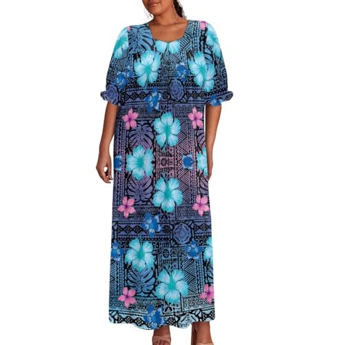Srengjodk Momo Dresses for Women,Polynesian Dress,Caribbean Dresses,Seersucker Dress Women,Hawaii House Coat,Mumu Nightgown,Blue Hawaii Large