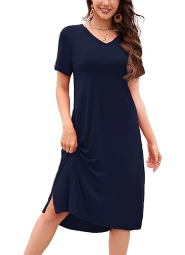 T Shirt Dresses for Women Soft Lightweight Casual V Neck Beach Dress Navy L