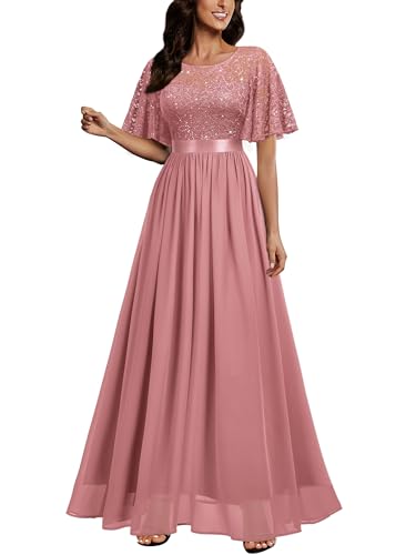 Miusol Women's Round Neck Butterfly Sleeve Sequin Lace Wedding Guest Dress