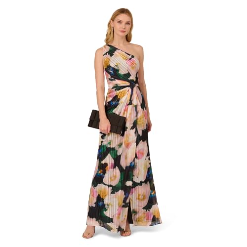 Adrianna Papell Women's One Shoulder Chiffon Gown Black/Blush Multi 4