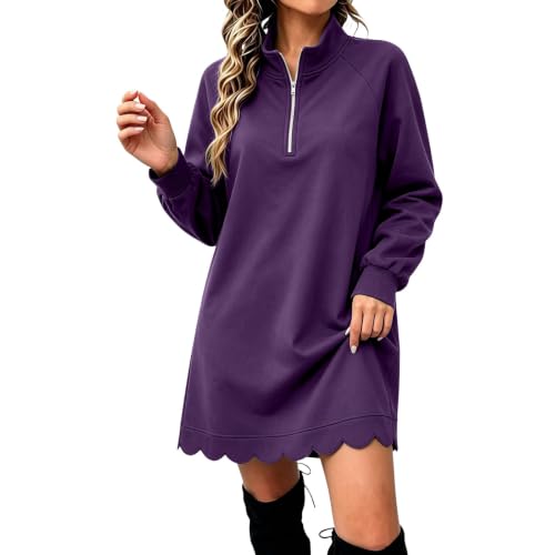 Women Sweatshirt Dress Quarter Zip Long Sleeve Scalloped Dresses Purple L