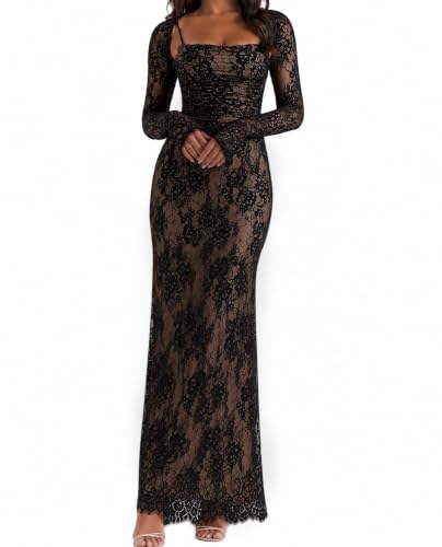 Women's Vintage Cream Black Lace Maxi Dress Romantic Long Sleevees Set Bodycon Dresses Black S