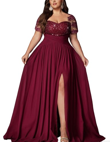 VOUIAO Women Sequin Plus Size Bridesmaid Dress Formal Prom Gown Burgundy L