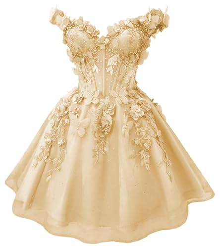 Lace Prom Homecoming Dress Short for Teens Sparkly Tulle 3D Butterfly Corset Off Shoulder Puffy DAMA Cocktail Party Gowns Champagne US4