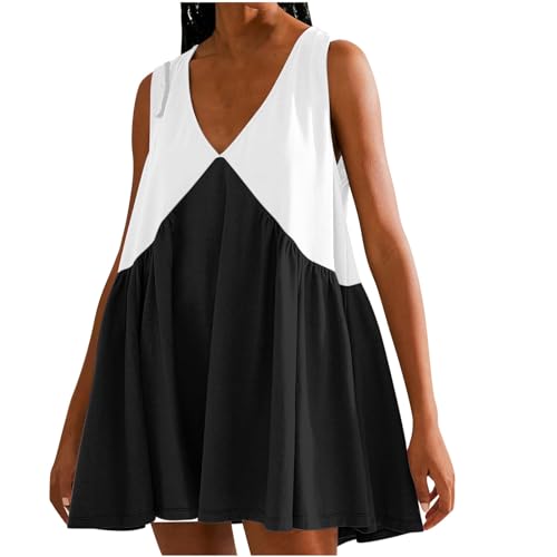 FOCLMP Women 2024 Summer Casual Mini Dresses V Neck Flowy Sundresses Sleeveless Hot Short Mini Dress Comfy Trendy Clothes Spring Wedding Guest Dresses for Women Black 2X