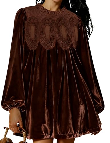Freyhem Womens A-Line Velvet Lace Overall Pleated Swing Babydoll Casual Skirtall Scallop Neck Flared Wedding Mini Dress(Brown-M)