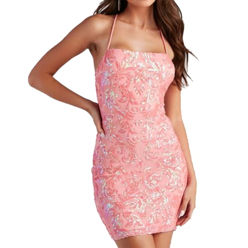 Sequin Short Homecoming Dresses for Teens Sparkly Backless Spaghetti Strap Tight HOCO Dresses for Women Sequin Bodycon Mini Dress Nightclub Cocktail Party Glitter Short Formal Dresses Peach XS