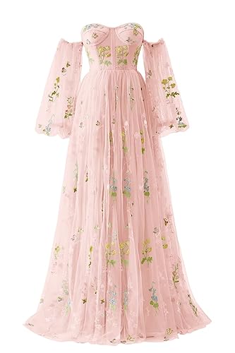 UZN Flower Embroidery Tulle Prom Dresses Long Off the Shoulder for Women Puffy Sleeve Open Back A-Line Corset Formal Evening Party Gown Pink Size8