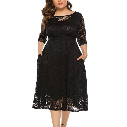 Eternatastic Womens Scooped Neckline Floral lace Top Plus Size Cocktail Party Midi Dress 5XL Black