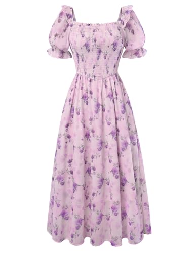 Women's Floral Dress Summer Puff Sleeve Tea Party Dresses Lavender L