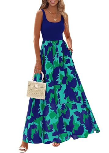 KIRUNDO Women's Summer Maxi Dress Boho Floral Long Sundress Blue Green