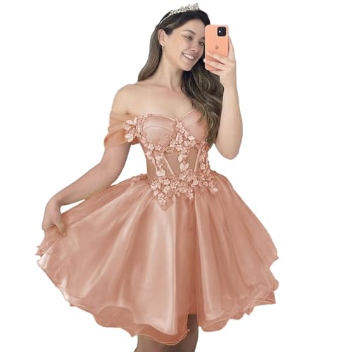 Mouccy Junior's 3D Flower Short Homecoming Dresses Lace Off Shoulder Rose