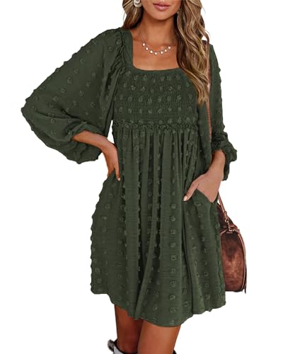BTFBM Women's Mini Smocked Wedding Guest Dress,Swiss Dot Army Green,S