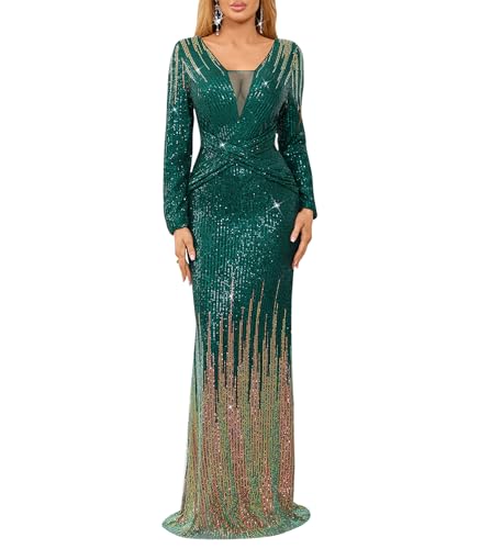 dasmzper Women's Ombre Sequin Evening Gown–Long Sleeve V-Neck Slim Formal Dress for Wedding Guest, Prom & Parties