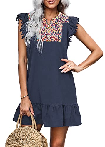 KIRUNDO Boho Summer Mini Embroidered Dresses for Women(B-Navy, L)