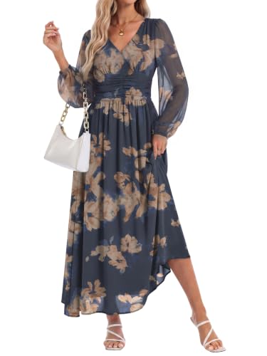 AUMORA Women's Floral Maxi Dress Long Sleeve Wedding Guest Dresses