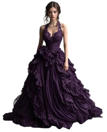 Dydsz Women Gothic Halter Ruffle Purple Prom Dress Lace Formal Ball Gown 6