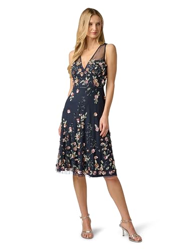 Adrianna Papell Women's Floral Beaded Knee Length Dress with Sheer Neckline, 8, Navy Multi