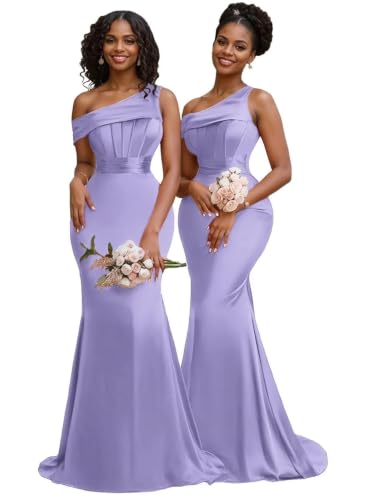Satin Mermaid Bridesmaid Dresses for Women One Shoulder Prom Dress Lavender