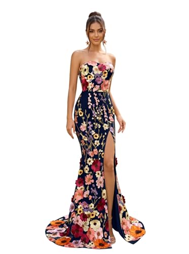High Split Strapless Evening Gowns Tulle Sweetheart Prom Dress with 3D Floral Embroidery Mermaid Sleeveless Formal Dresses Lace Up Back GL0189 Navy Blue 12