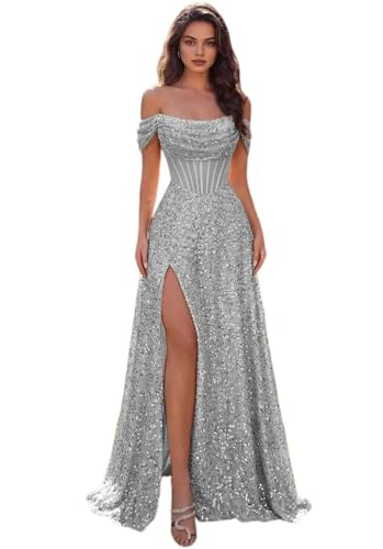 Mvjido Women's Off Shoulder Sequin Corset High Slit Evening Dress Prom 2026 | Sparkly off the shoulder corset sequin high slit bodycon maxi dress