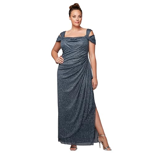 Alex Evenings womens Plus Size Long Cold Shoulder With Ruched Skirt Special Occasion Dress, Smoke Glitter, 16 Plus