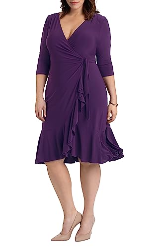 Kiyonna Whimsy Ruffled Midi Wrap Dress with Sleeves, Wrap Around Style for Cocktail, Party, Wedding Guest or Work, Plum Purple Size M (6-8)
