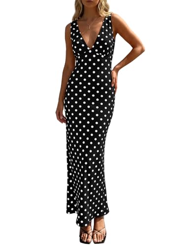 Wenrine Womens Summer Polka Dot Maxi Dress Mesh V Neck Wedding Guest Dress