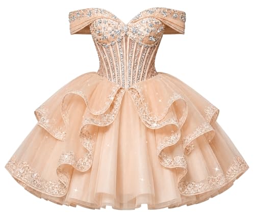 Mauuwy Tulle Homecoming Dress Short Formal Prom Champagne Light Ball Gown