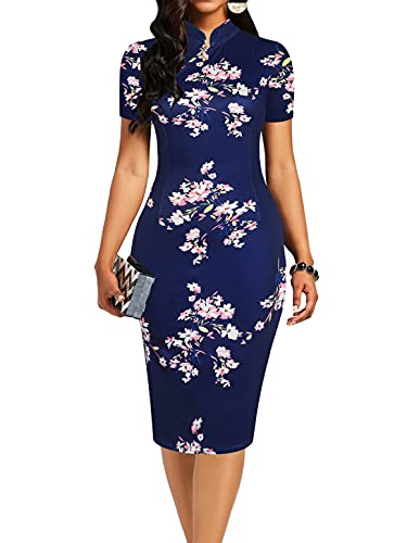 oxiuly Women's Vintage Floral Flare Party Wedding Stretch Bodycon Dresses Casual Work Pencil Dress OX183 (L, NB pinkF)