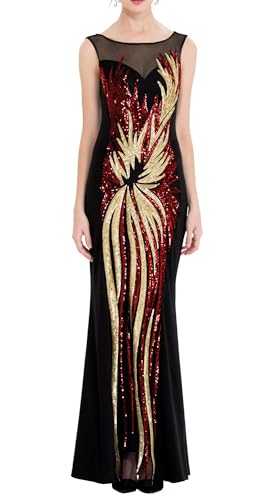 Angel-fashions Women's Sheer Red Sequined Black Splicing Evening Dress Size 10