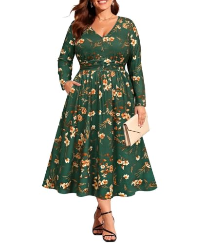 RITERA Plus Size Fall Dresses for Women Long Sleeve V Neck Long Dress 2X Green Floral Print A Line Maxi Dresses with Pockets for Autumn Winter Party Wedding Gust Vacation 2XL 18/20W