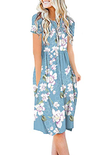 DB MOON Women Casual Empire Waist Knee Length Dress Flower Light Blue M
