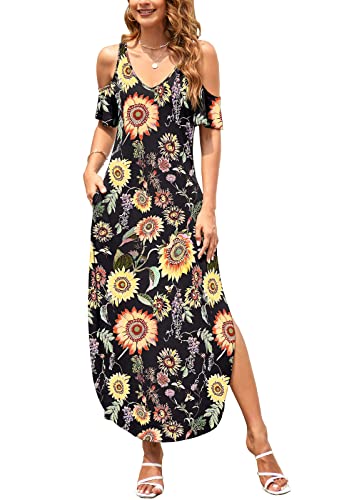 HUSKARY Women's Summer Maxi Dresses V Neck Cold Shoulder Short Sleeve Casual Loose Long Split Dress with Pocket