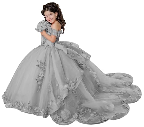 XYAYE Lovely Silver 3D Floral Flower Girl Dresses with Petal Train Dress