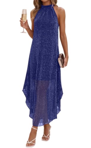 oten Long Formal Party Halter Wedding Guests Evening Gala Dress Dark Blue L