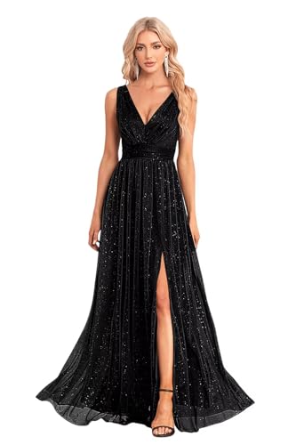 Lilannu V Neck Long Glitter Tulle Italian Dresses Prom Gowns Empire Waist A Line Sparkly Formal Dress for Women Black M