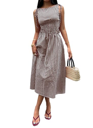 Acelitt Womens Brown Gingham Dress Flowy Maxi Beach Sun Dresses, Medium