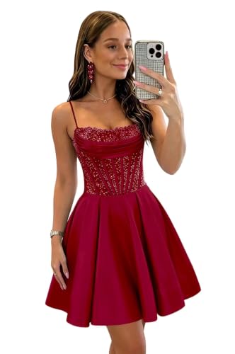 Sparkly Sequin Satin Homecoming Dresses 2026 A Line HOCO Dress Short Cocktail Party Gowns,Wine Red,0