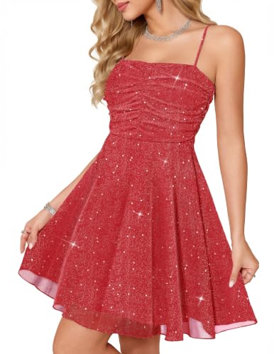Meetjen Womens Tulle Short Cocktail Dresses for Teen Sequin Prom, Red, XS | Glitter Prom Dresses for Teens, Ruched, Tulle, Knee Length, Semi Formal, Flowy, Cute Bridesmaid Dress Girls, Bachelorette