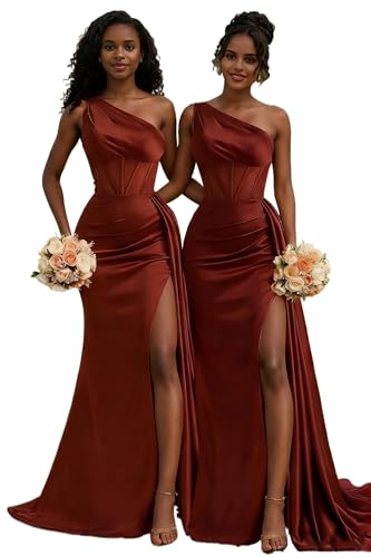 One Shoulder Rust Bridesmaid Dresses Mermaid Satin Long Ruched Bodycon Formal Evening Dress for Women