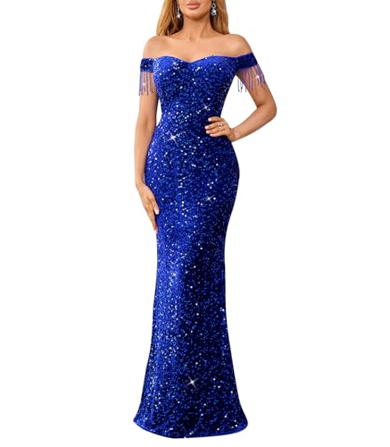 dasmzper Women Off Shoulder Sequin Evening Gown – Tassel Sleeve Formal Maxi Dress for Wedding, Prom Blue